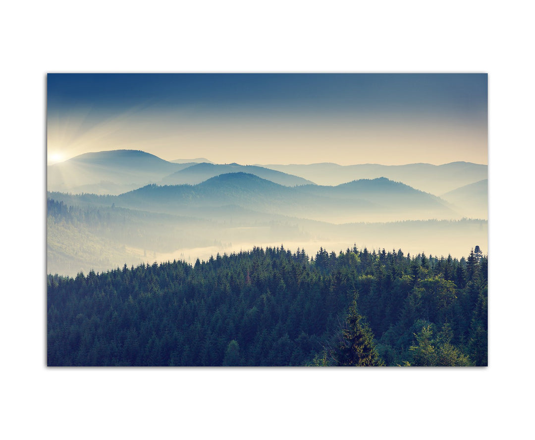 Paul Sinus Art 120x80cm - WANDBILD Berge Wald Nebel Sonnenaufgang - Leinwandbild auf Keilrahmen mode