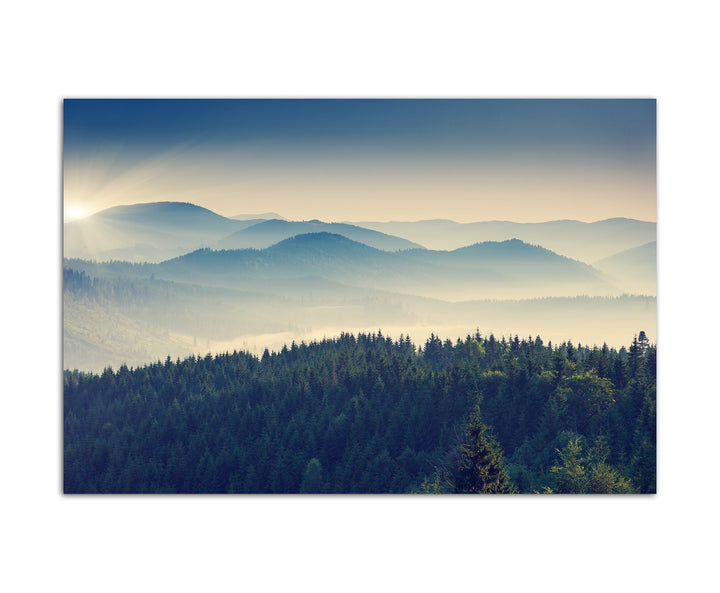 Paul Sinus Art 120x80cm - WANDBILD Berge Wald Nebel Sonnenaufgang - Leinwandbild auf Keilrahmen mode