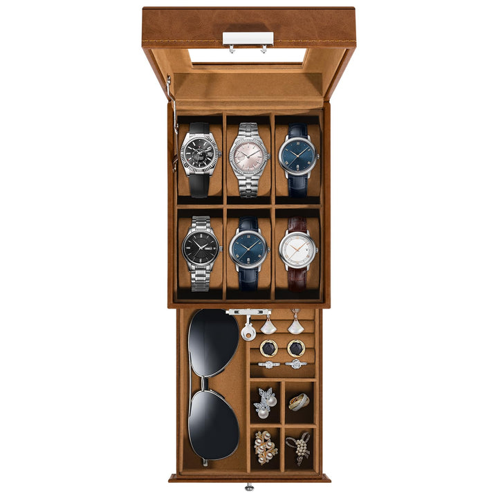 Uten Uhrenbox, 6 Fächern und 1 Schublade mit Schlüsselschloss, Glasdeckel, Braunes PU, Braunes Samtf