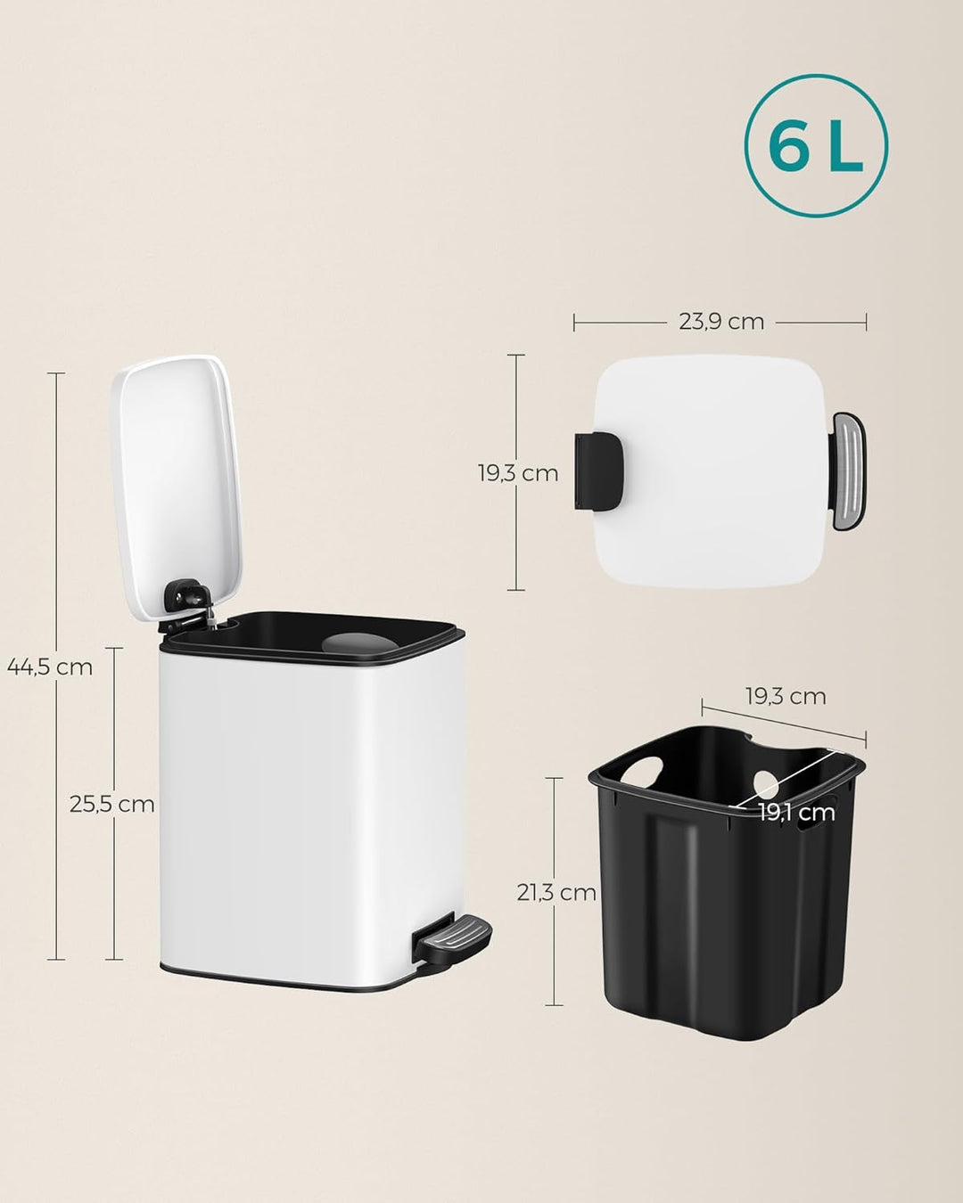 SONGMICS Kosmetikeimer, 6 Liter, Mülleimer Bad, kleiner Abfalleimer, Tretmülleimer, mit Pedal, für k