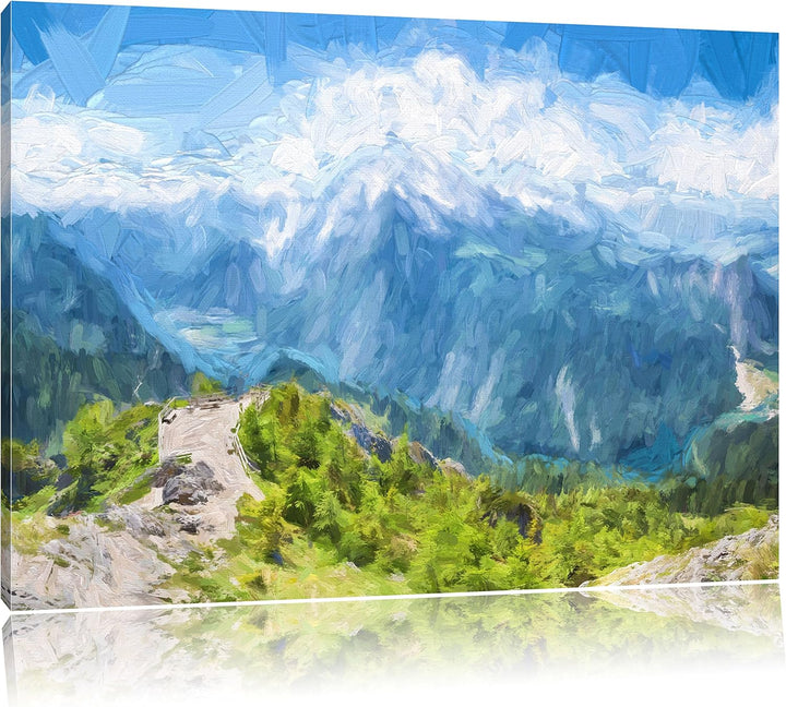 Pixxprint Blick vom Berg über dem Königssee in Bayern Kunst Pinsel Effekt, Format: 100x70 auf Leinwa