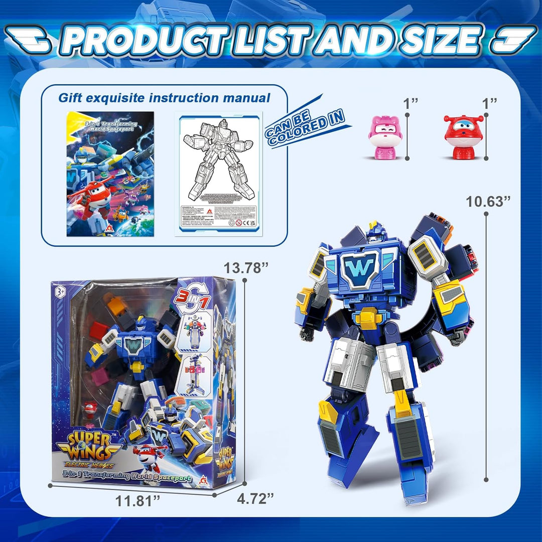 Super Wings 3-in-1 World Space Verwandelnder Roboter mit den Mini Figuren Jett und Dizzy, Verwandlun