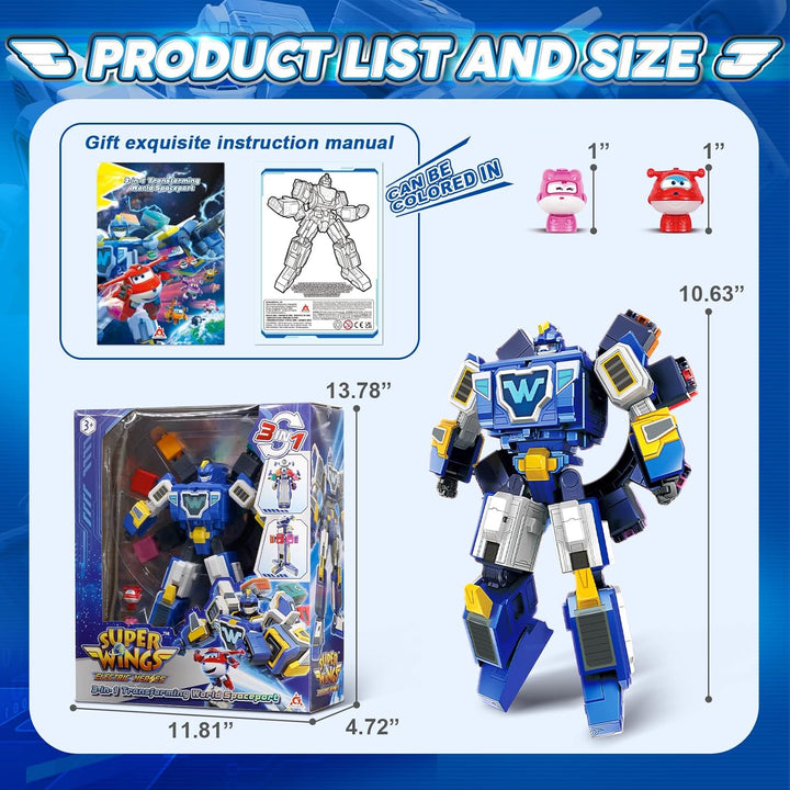 Super Wings 3-in-1 World Space Verwandelnder Roboter mit den Mini Figuren Jett und Dizzy, Verwandlun