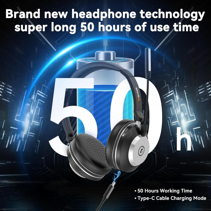 Wantek Headset mit Mikrophone Kabelloses, Wireless Headset für PC Laptop, Bluetooth Headset mit Nois