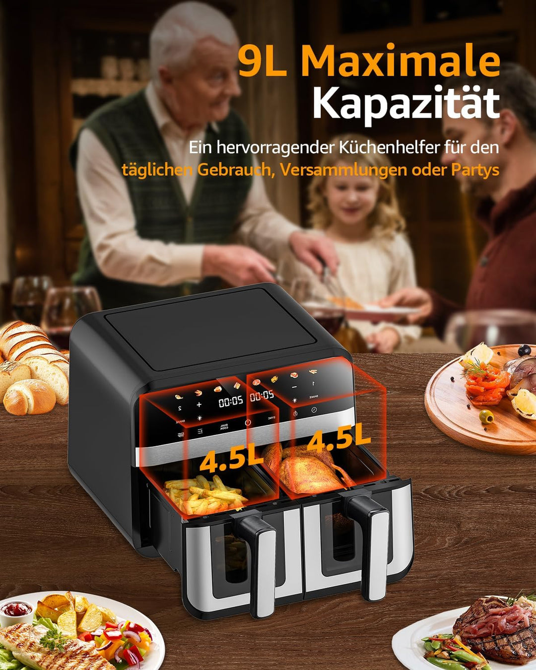 9L XXL Doppelkammer Heissluftfritteuse mit 2 Körben, 8 Programmen & Smart Finish – Dual Zone Airfrye