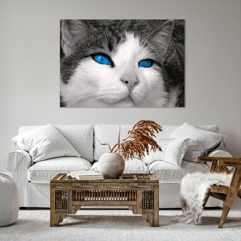 Bilder auf Leinwand 100x70cm Leinwandbild Katze Tiere blaue Augen Gross Wanddeko Bild Schlafzimmer K