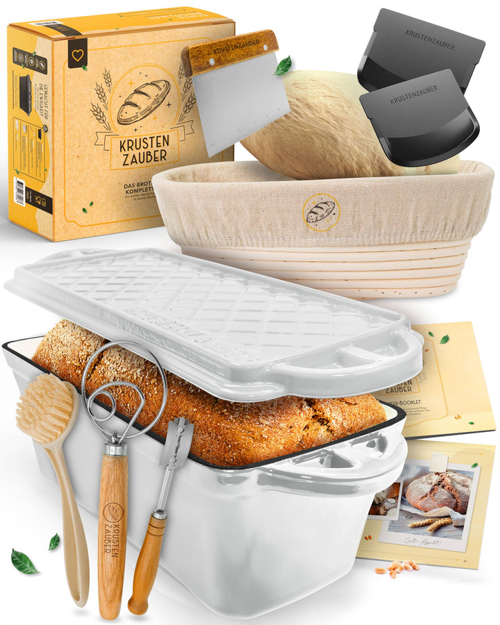KRUSTENZAUBER Brotbackform mit Deckel emailliert im XXL-Komplettset - Robuste 28 cm Gusseisen Brotba