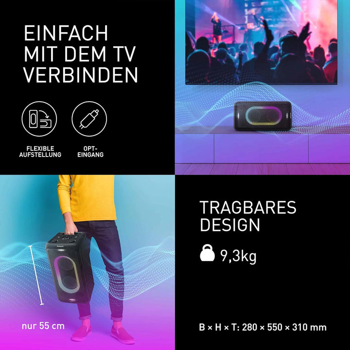 Panasonic SC-BMAX10E-K Tragbarer Party-Lautsprecher mit Bluetooth, integrierter Beleuchtung, 150 W,