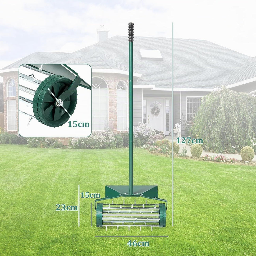 FANTASK Rasenlüfter Walze mit Stiel, Grün Handvertikutierer rollend, Rasenrolle mit 3cm Nägeln &amp; Spr