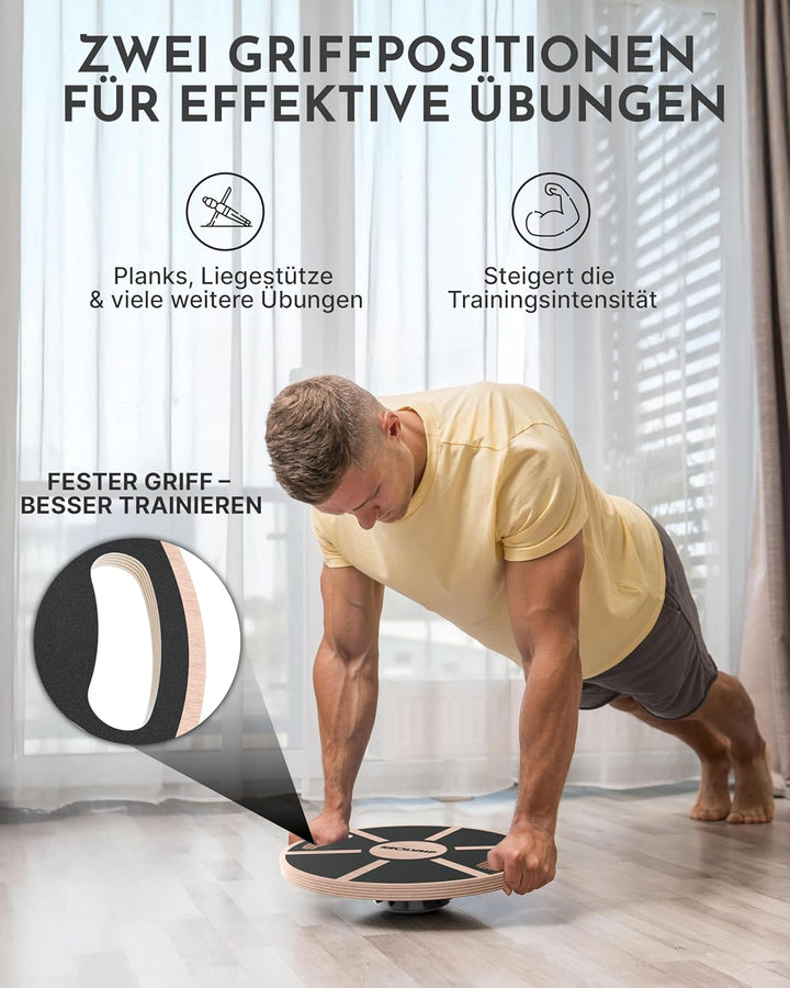 NEOLYMP Balance Board Holz mit Griffen - Rutschfestes Gleichgewichtsboard 360° Drehung - Balancebret