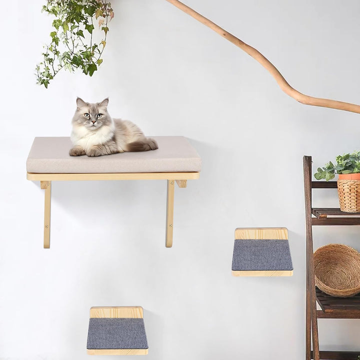 Kletterwand Katzen, Katzen Wandliege mit 2 Treppen, 40x30cm Liegefläche, Abnehmbarer Bezug, Holzrahm