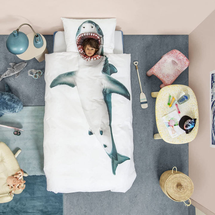 Snurk Kinder Bettwäsche Set Garnitur Heimtextilie Bettdecke Kopfkissen Shark 135 x 200 cm 100% Baumw