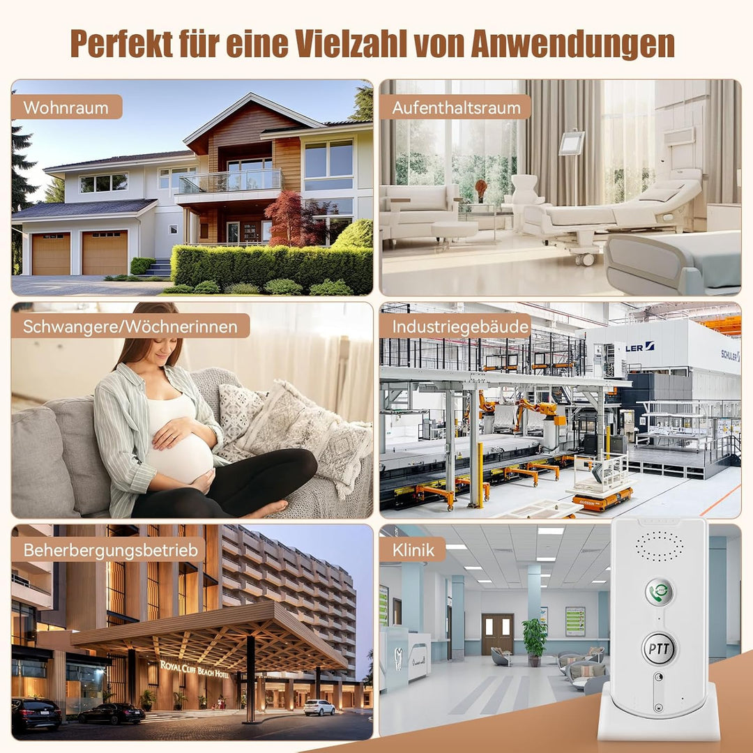 2 Wege Gegensprechanlagen 1000M, Smart Voice Intercom mit 38 Klingeltöne, Kabellose Notruf-Gegenspre