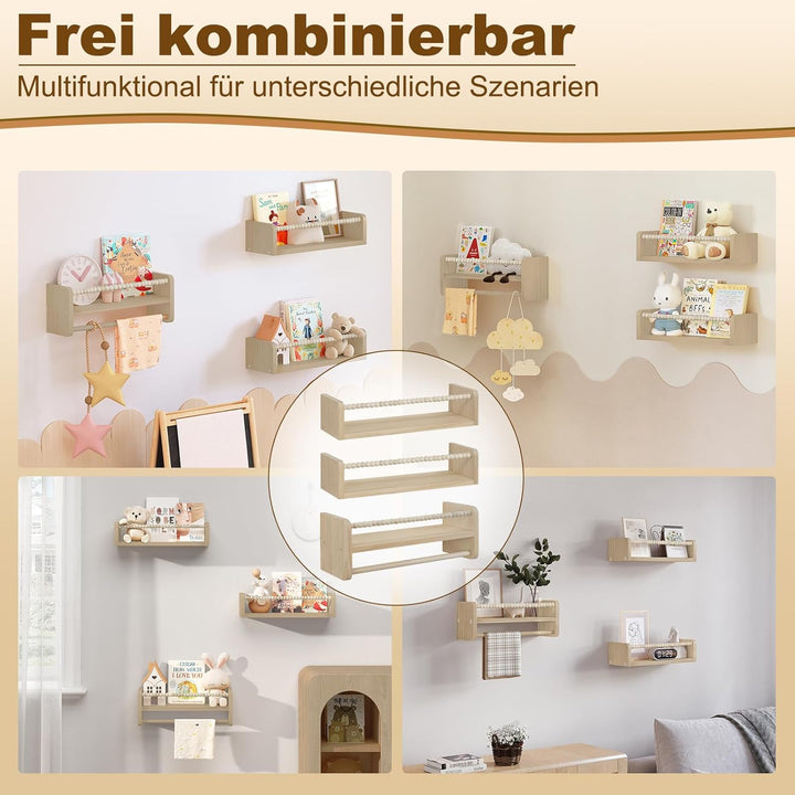 WOLTU 3er Set Kinder Bücherregal Wand, 40cm Wandregal Kinderzimmer, aus Massivholz, Hängeregal Schwe