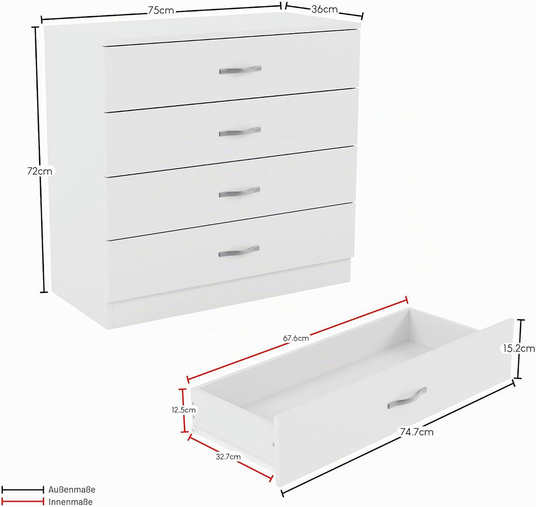Vida Designs, weisse Kommode mit 4 Schubladen und Metallgriffen, Schlafzimmermöbel, Weiß