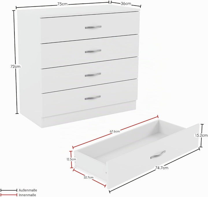 Vida Designs, weisse Kommode mit 4 Schubladen und Metallgriffen, Schlafzimmermöbel, Weiß