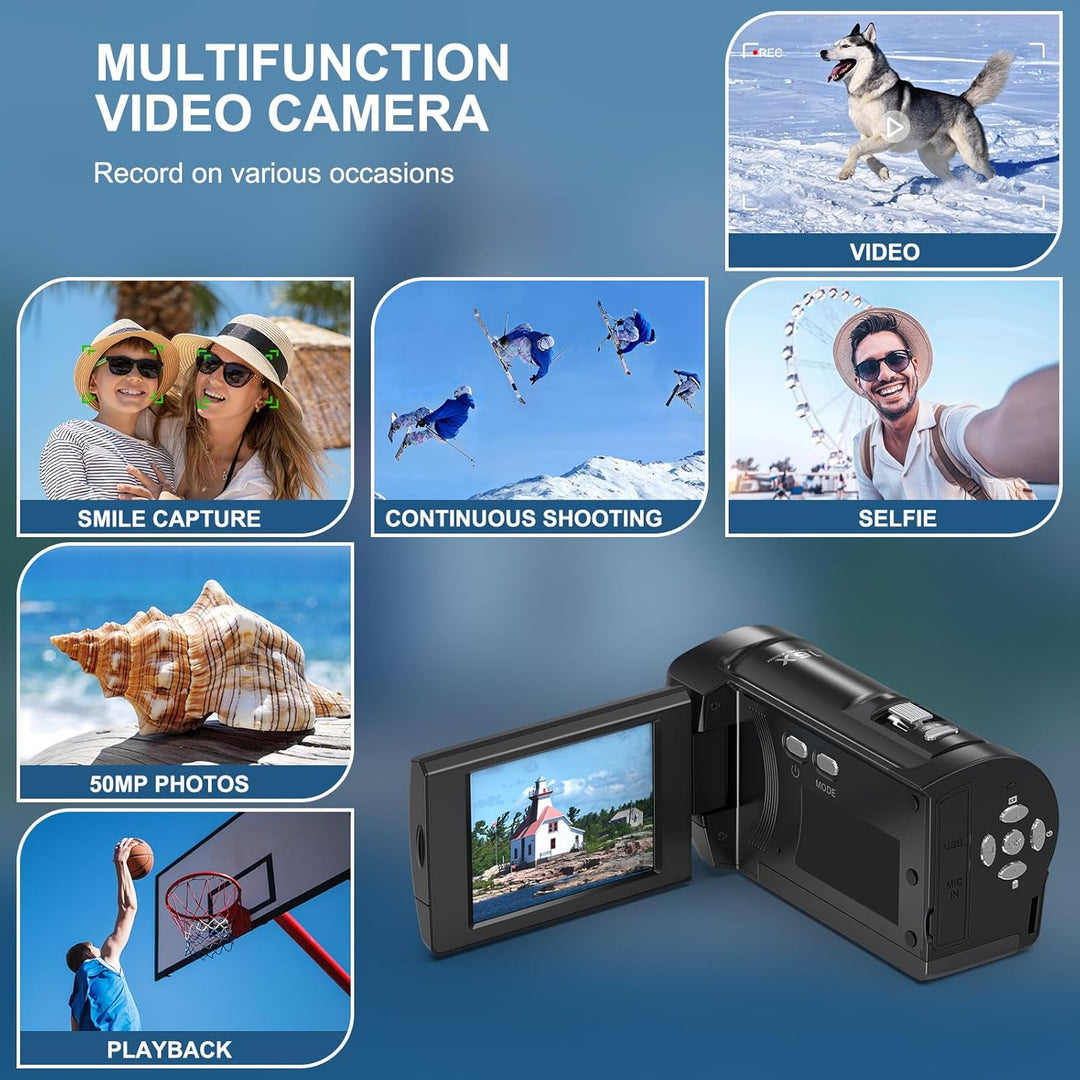 Videokamera 2.7K 56MP Camcorder 16X Digitalzoom Vlogging Camera mit LED-Fülllicht für YouTube, 2.8"