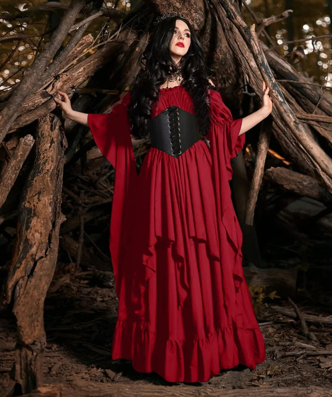 Halloween Kostüm Damen Mittelalter Renaissance Kleidung mit Korsett Gürtel Retro Maxikleid Viktorian