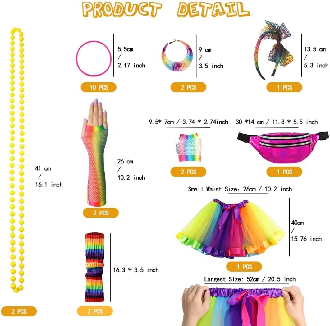 WILDPARTY 80er Jahre Outfit Damen Set, T-Shirt, Tutu, Gürteltasche, Stirnband, Ohrring, Halskette, N