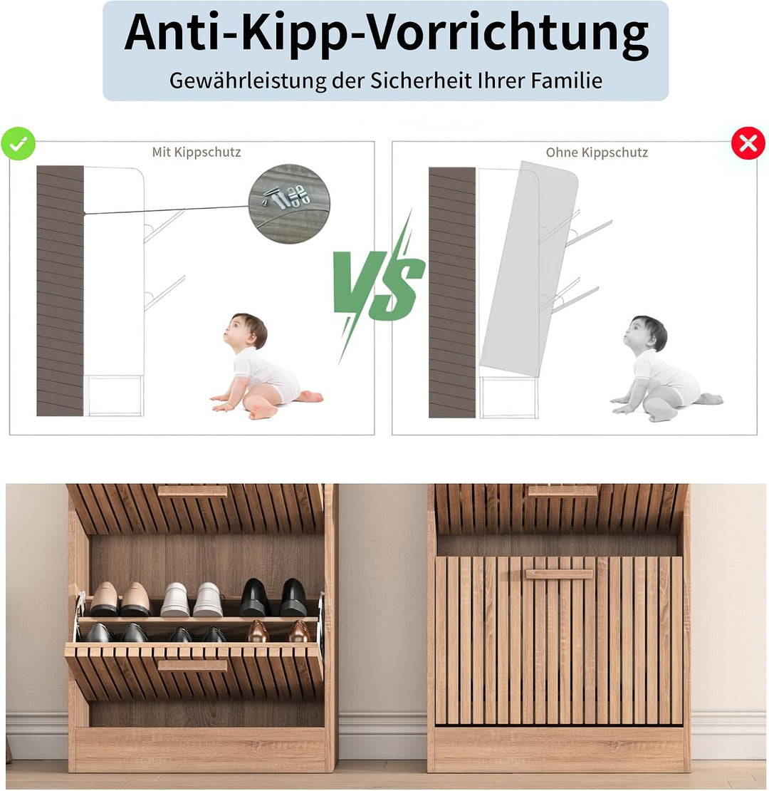 Schuhschrank mit 3 Klappen, Rattan Schuhschrank mit 6 Ablageflächen, Holz Schuhkommode, Freistehende