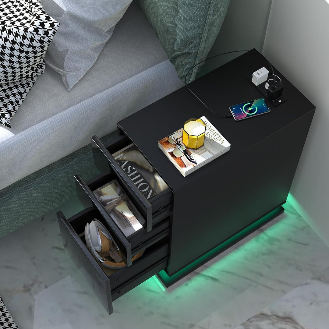 PIPIPOXER Nachttisch LED mit Steckdose & USB, Nachttisch Weiss Hochglanz Nachtkommode mit 3 Schublad