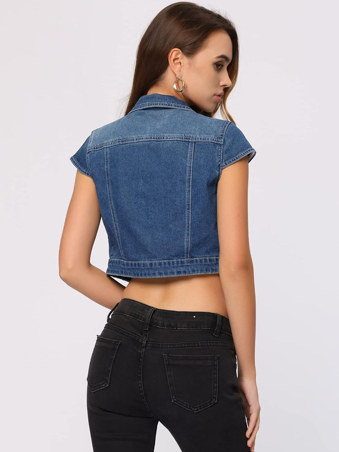 Allegra K Damen Jacke Kurzarm Sommer Knöpfen Stretch Denim Crop Jeansjacke M Blau, M Blau