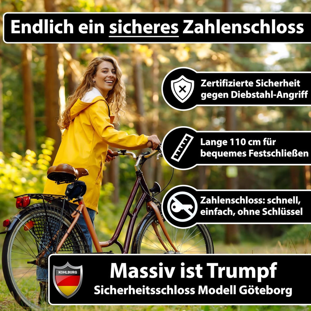 KOHLBURG massives 110cm Fahrradschloss Zahlenschloss mit höchster Sicherheit [Sold Secure GOLD] - si