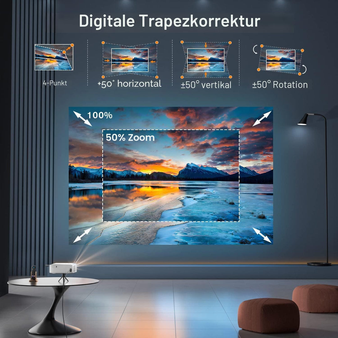 [Elektrische Keystone 6D/4P] Beamer 4K Heimkino 18000 Lumen, VISSPL Full HD 1080P WiFi Bluetooth Bea