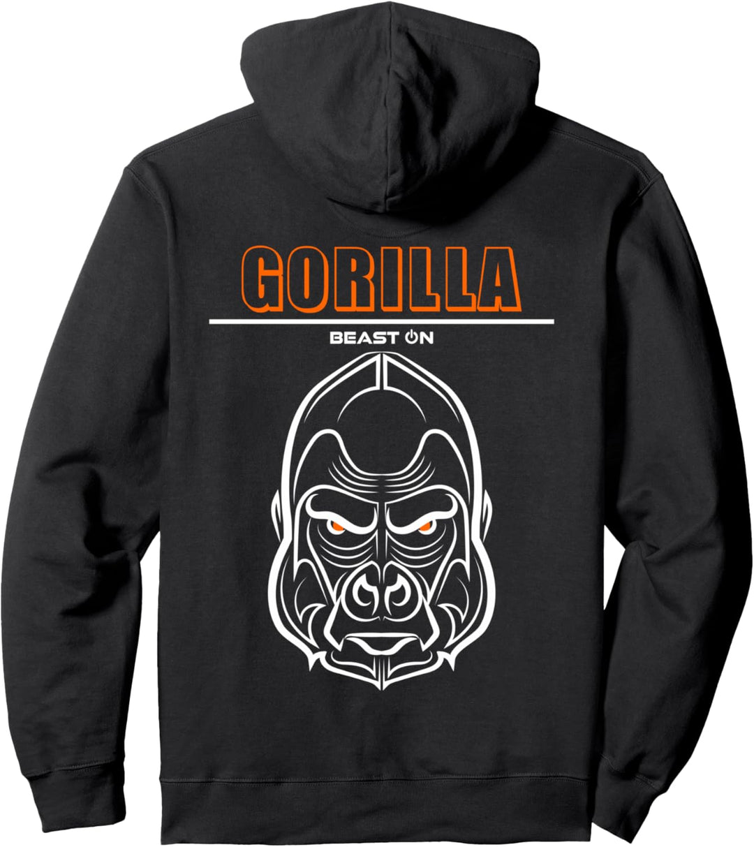 Gorilla Kopf Orange Rücken Motiv Gym Workout Fitness Gains Pullover Hoodie