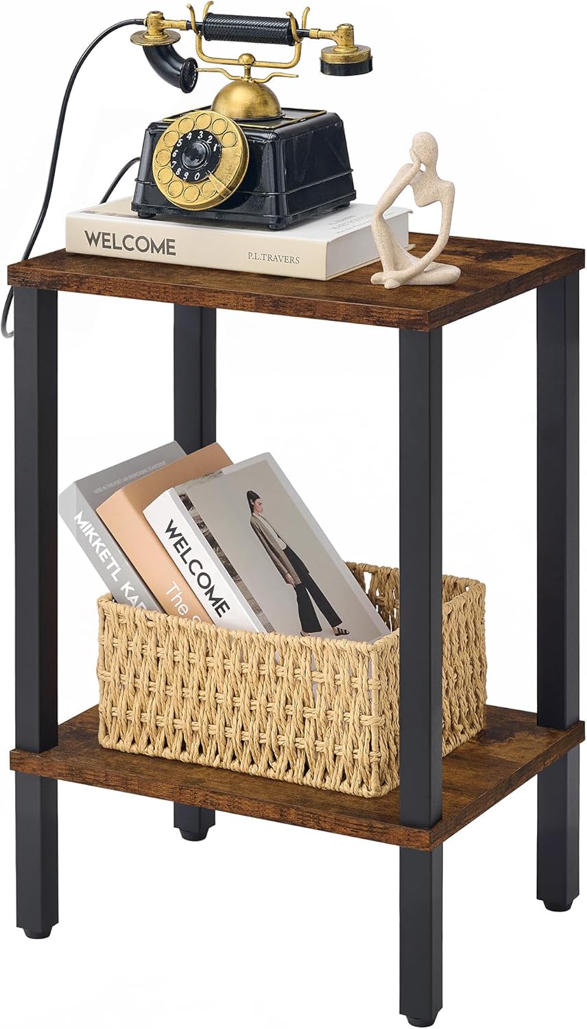 Gewudraw Beistelltisch, Kleiner Tisch, Nachttisch Schmal mit 2 Ebenen, Industriestil, Couchtisch mit