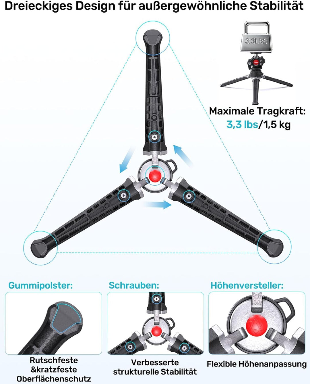 Webcam Halterungen Ständer, höhenverstellbares Stativ mit 360°-Schwenkkopf für Kamera/Smartphone, fü