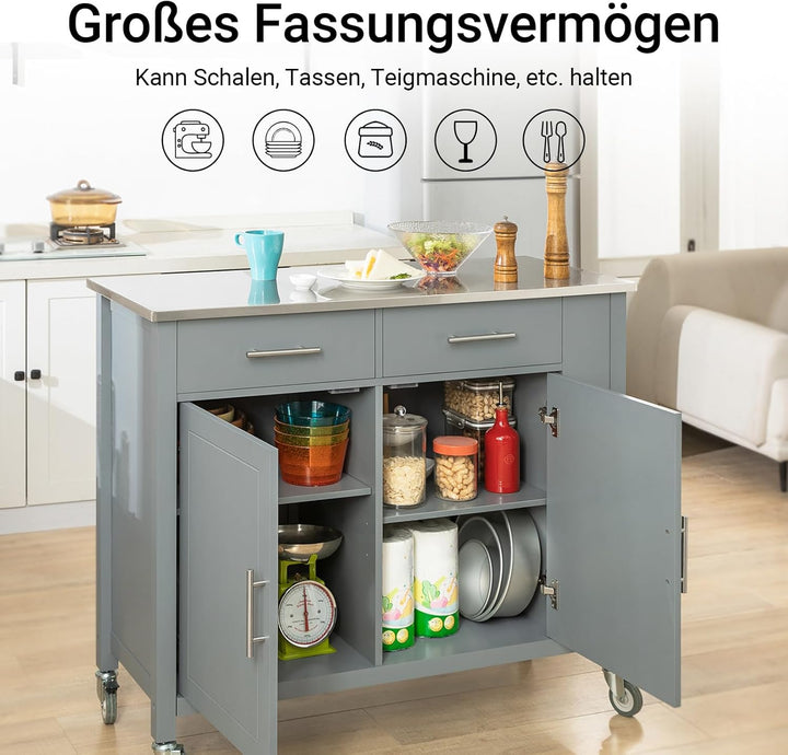 SoBuy FKW108-HG Design Küchenwagen mit Edelstahlplatte Kücheninsel mit Seitenregal Küchenschrank Rol