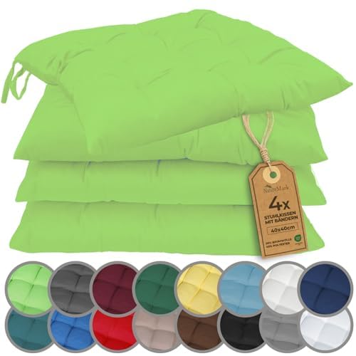 NatureMark 4er Set Stuhlkissen mit Bändern Gr. 40x40 cm Sitzkissen gefüllt, Apfel grün 4 Stück (1er