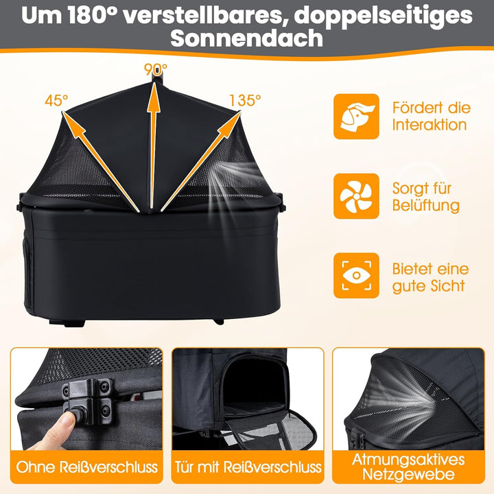 COSTWAY 3 in 1 Hundewagen, Hundebuggy mit verstellbarem Netzdach & Korb & Getränkehalter, Haustiere
