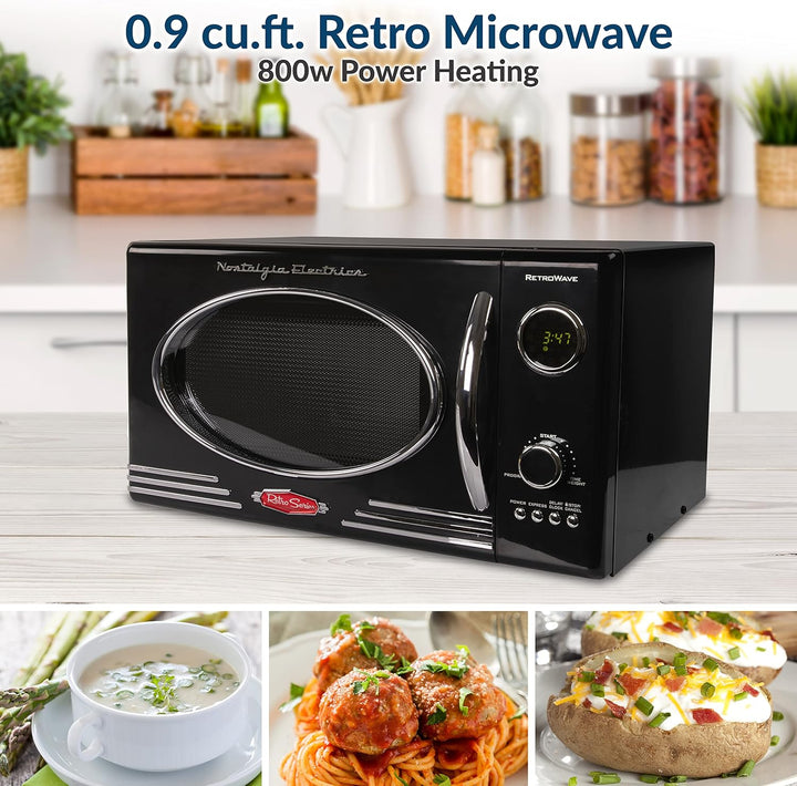 Nostalgia RMO4BK Retro-Mikrowellenherd, 800 Watt, 5 Leistungsstufen und 12 Kocheinstellungen, LED-Di