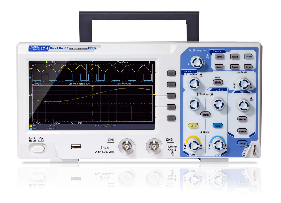 PeakTech P 1335 20 MHz 2-Kanal Digital-Speicher-Oszilloskop mit USB-Schnittstelle, 15 W, 240 V, 20 M