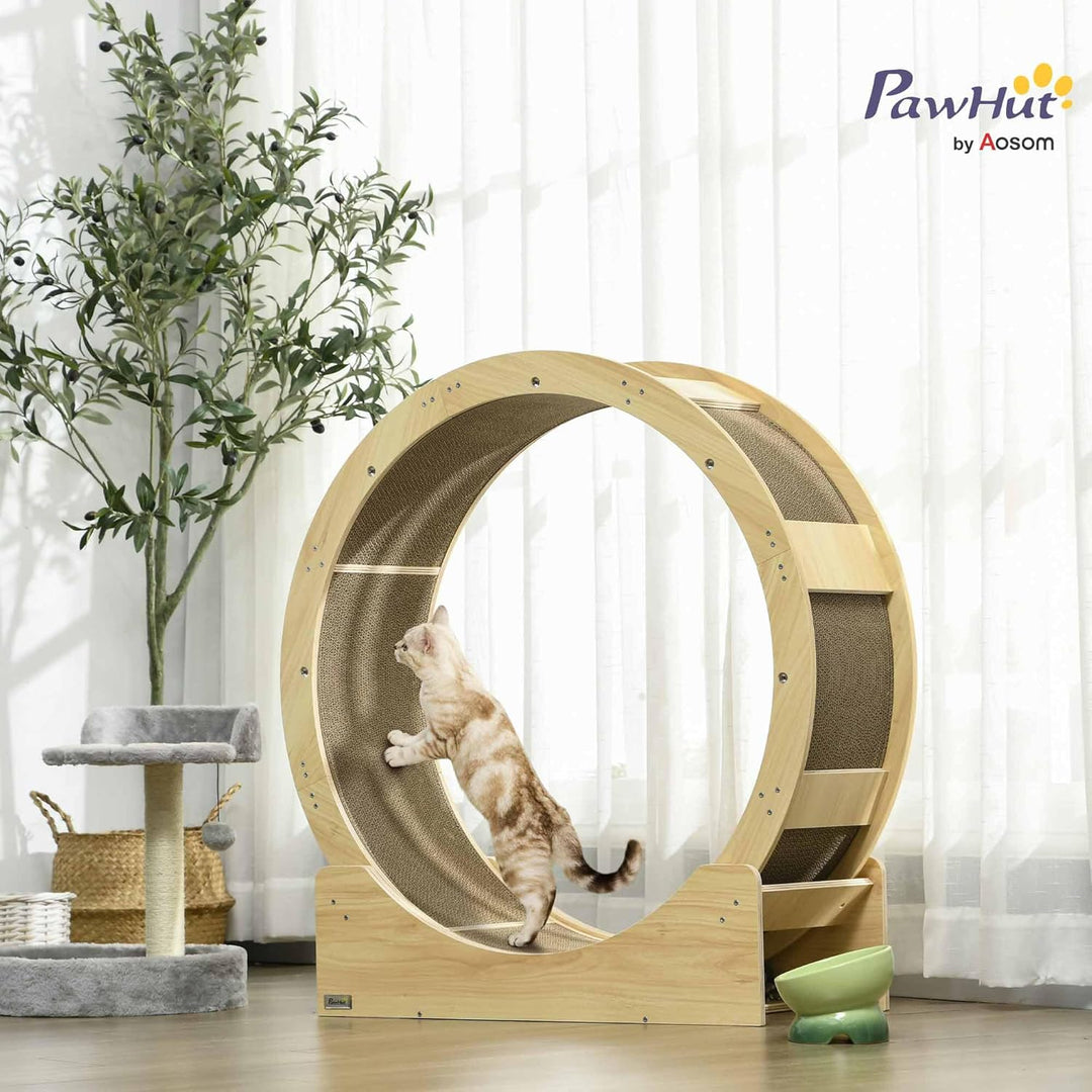 PawHut Katzenlaufrad Laufrad für Katzen 91 cm Durchmesser Katzenrad mit Bremse Laufbahn Kratzbrett,