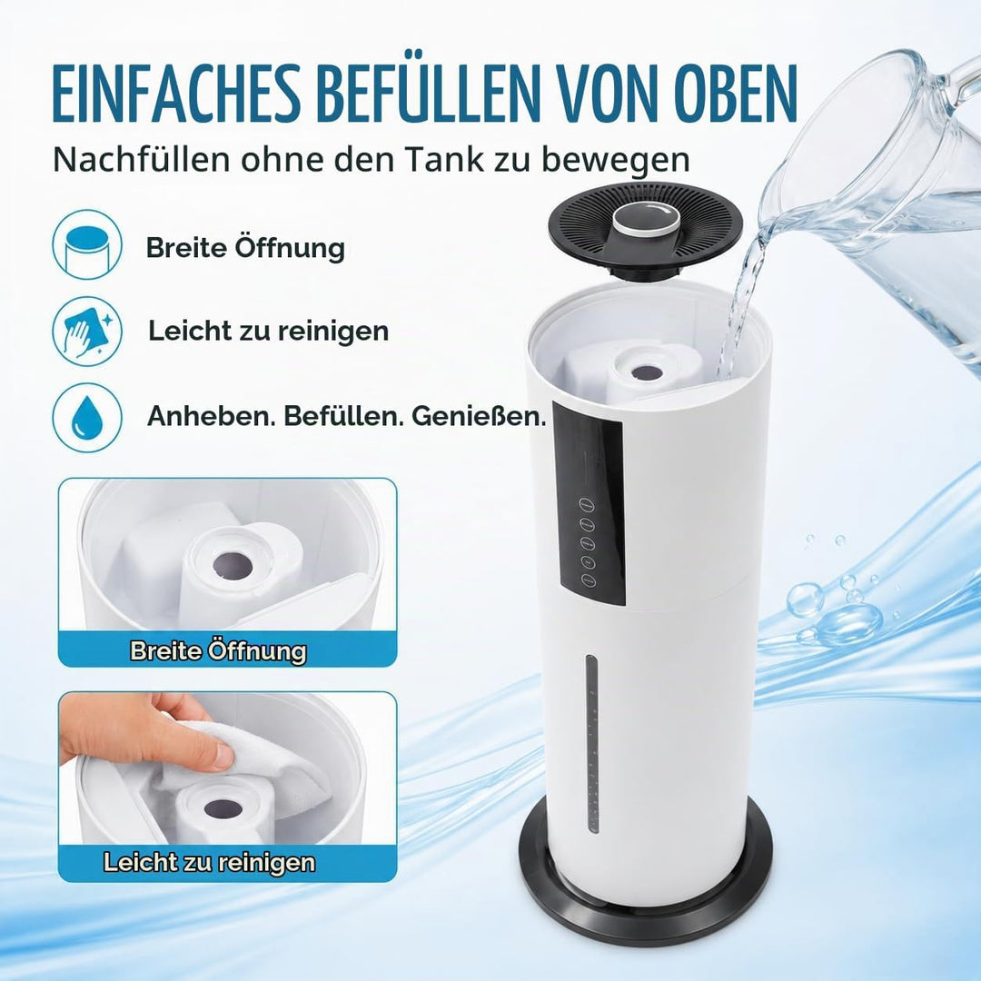 Luftbefeuchter 8L mit Fernbedienung, Raumluftbefeuchter mit 3 Nebelstufen, 360° verstellbar, 12h Tim
