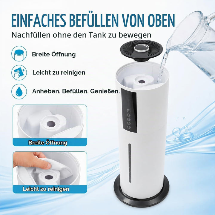 Luftbefeuchter 8L mit Fernbedienung, Raumluftbefeuchter mit 3 Nebelstufen, 360° verstellbar, 12h Tim