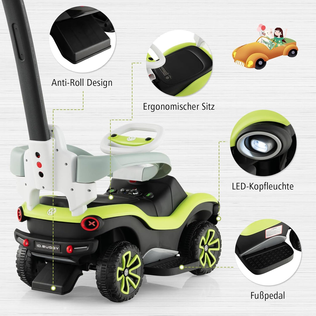 DREAMADE Rutschauto für Kinder, Volkswagen Rutscher mit 3-stufig Verstellbarem Schiebegriff, Verdeck