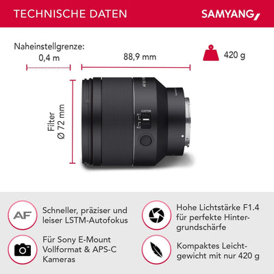 SAMYANG AF 50mm F1,4 II FE für Sony E + Samyang Lens Station – Standard Autofokus Objektiv für spieg