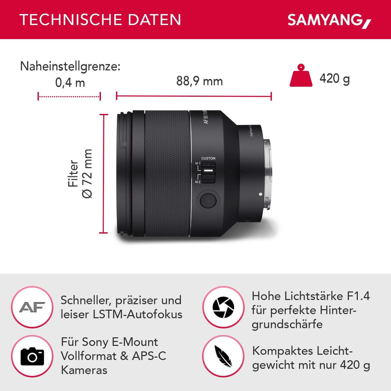 SAMYANG AF 50mm F1,4 II FE für Sony E + Samyang Lens Station – Standard Autofokus Objektiv für spieg