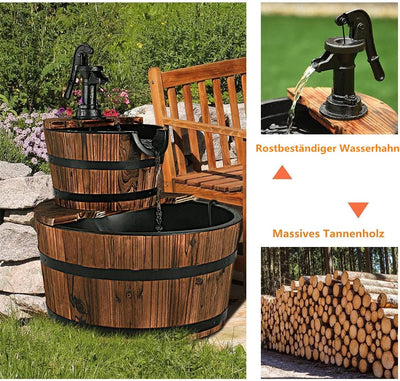 RELAX4LIFE Gartenbrunnen aus Tannenholz, Ø 44,5 cm Holzbrunnen mit Wasserpumpe, Zweistöckiger Spring