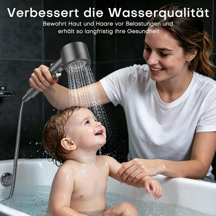 PWERAN Duschkopf mit Filter, 3+1 Strahlarten, Ein-Knopf-Wasserstopp, Grau Dunkelgrau 7.2 Liter pro M
