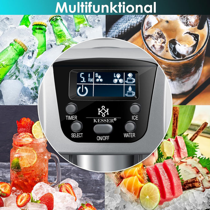 KESSER® Eiswürfelbereiter | Eiswürfelmaschine Edelstahl | 100W Ice Maker | 12 kg 24 h | 2 Würfelgrös