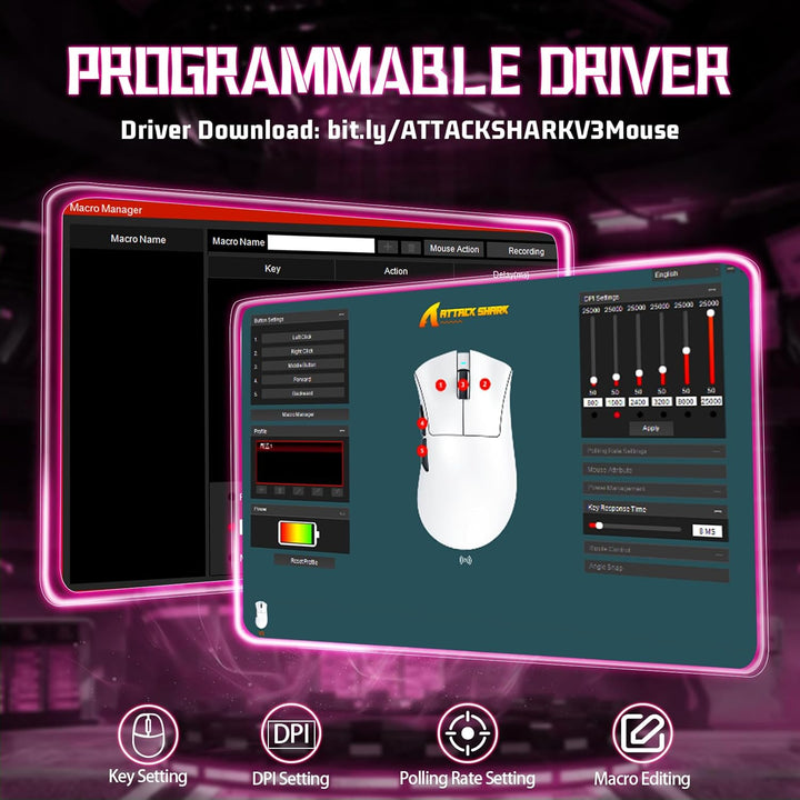 ATTACK SHARK V3 Kabellose Gaming-Maus, 65g Ultraleicht, Optischer Sensor PAW3311, 25K DPI, 1K Pollin