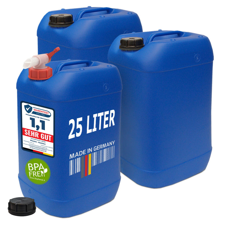 plasteo 25 Liter Getränke Wasserkanister mit 1 Hahn und Schraubdeckeln (DIN 61), Blau 3x 25L, 3x 25L