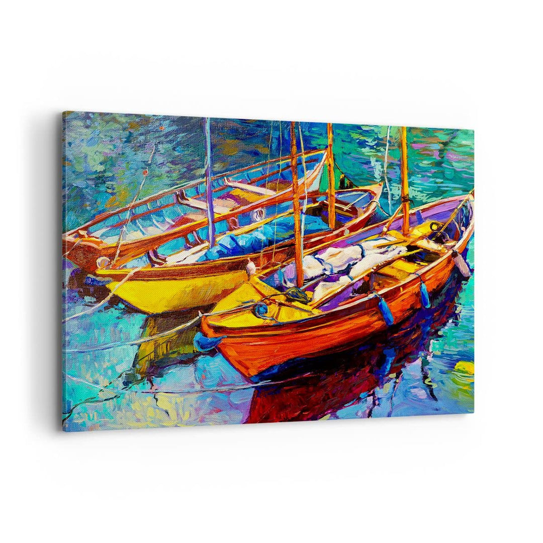 Bilder auf Leinwand 100x70cm Leinwandbild Boote Bunt Angeln Wasser Gross Wanddeko Bild Schlafzimmer