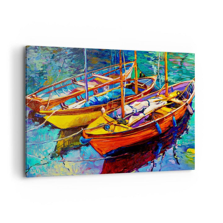Bilder auf Leinwand 100x70cm Leinwandbild Boote Bunt Angeln Wasser Gross Wanddeko Bild Schlafzimmer