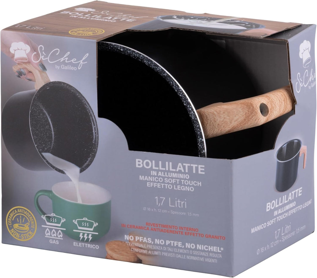 SìChef Milchtopf Aluminium 1,7l Keramik Innenbeschichtung Griff Holzoptik